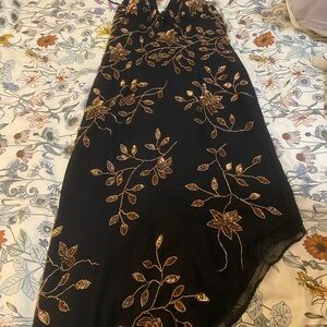 Cache Y2K Black And Gold Beaded Formal Halter Dress